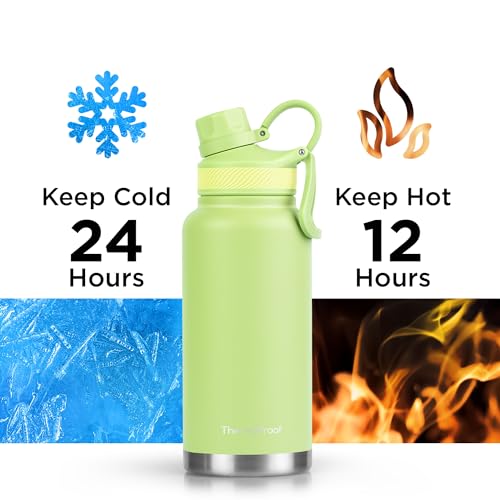 Image of ThermoProof Double-Walled Vacuum Insulated Stainless Steel Water Bottle - Wide Mouth Canteen, Spout & Straw Lids, Dishwasher Safe, Reusable, Leakproof, Hot & Cold for Men, Women - 32oz, Fresh Mint