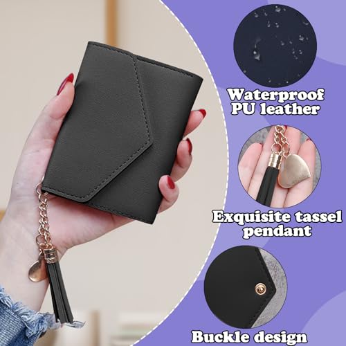 Women’s Wallet, PU Tri-fold Wallet for Women with Heart Pendant and Tassel, 6 Card Slots, 1 ID Window, 1 Cash Compartment, Slim Card Wallet for Girls and Women(Black)3