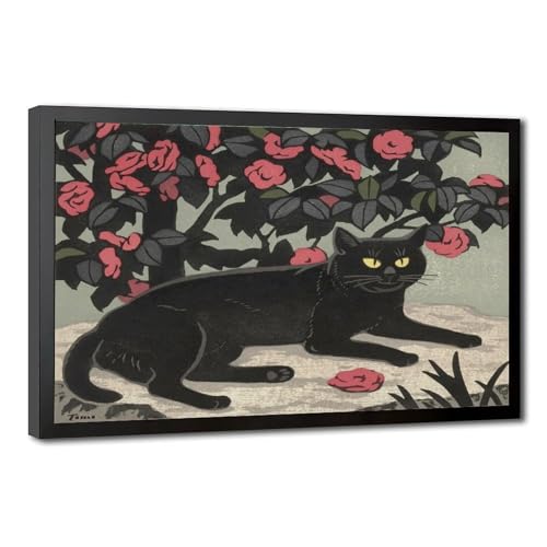 Chat et camélia Inagaki Tomoo : toile suspendue haute définition
