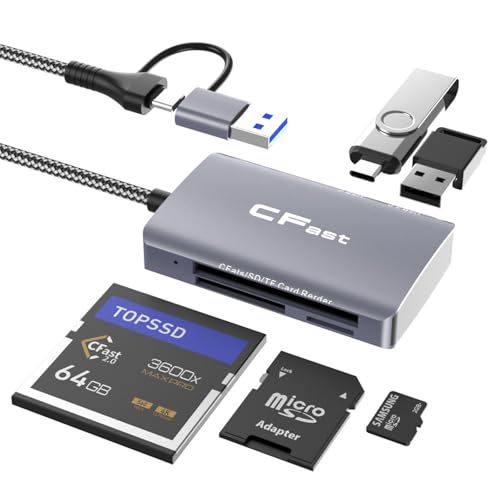 CFast Card Reader 5 in 2 CFast 2.0 SD/TF Memory Card Reader 5Gbps PD/USB 3.2 Gen 1 Adapter with USB C/USB A Cable Compatible with Windows/Mac/Linux/Android (5 in 2)