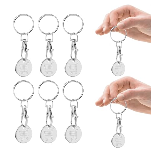 Paquet de 6 Porte-Clés en Acier Inoxydable, Porte-Clés en Métal pour Chariot de Courses, Porte-Clés de Pièce de Monnaie de Chariot, Jeton de Caddie pour Supermarché, Porte-Clés