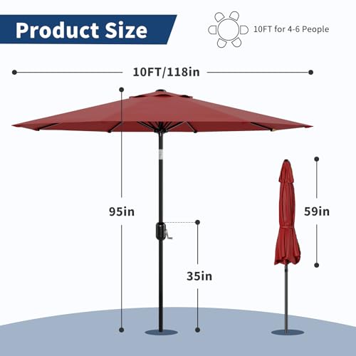 10Ft Patio Umbrella - 8 Sturdy Ribs Outdoor Table Umbrella with Crank Lift & Push Button Tilt - Market Umbrella for Pool, Deck, Yard, Garden - Red