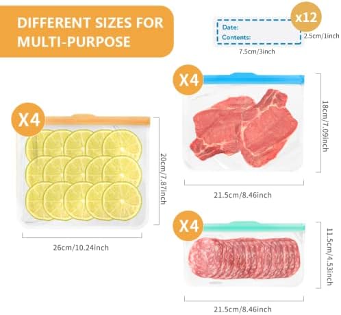 Exllena Reusable Silicone Freezer Bags + Freezer Labels, Reusable Food Bags BPA Free, Eco-Friendly and Leakproof Ziplock Bags with Triple Zip Closures-12 Packs