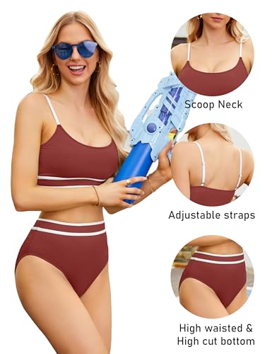 Image of BMJL Women's High Waisted Bikini Ribbed Two Piece Swimsuit High Cut Color Block Adjustable Straps Bathing Suit