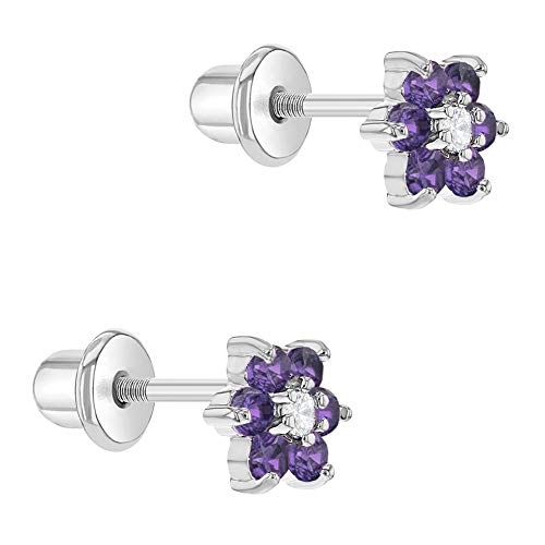 Rhodium Plated Small Purple & Clear Flower Cubic Zirconia Safety Screw Back Earrings For Toddlers And Little Girls - Amazing Floral Studs Perfect For Purple Lover Kids #TOP1