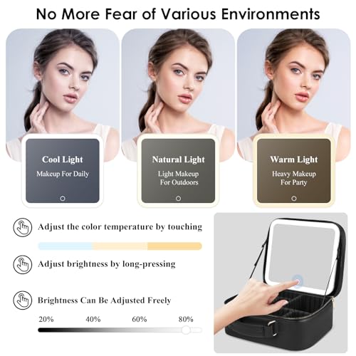 Vanmirr Travel Makeup Bag With Led Lighted Mirror, Adjustable Brightness In 3 Colors, Makeup Organizer Bag Waterproof Cosmetic Train Case Make Up Box Artist Learner Storage Bag thumb #2