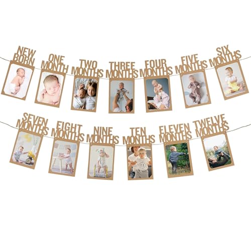 Image of Velunza Monthly Baby Photo Banner Kit 0 to 12 Months with Frames, First Year Milestone Photo Hanging Cards with Ribbon, One Year Photo Display Decoration for Birthday (Paper Cardstock)