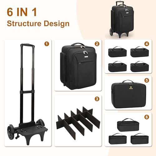 Image of Relavel Rolling Makeup Case with Large Makeup Case, Large Make Up Travel Organizer with 2 big Wheels, Professional Lockable Makeup Artist Backpack with Adjustable Dividers for Daily Use - Black