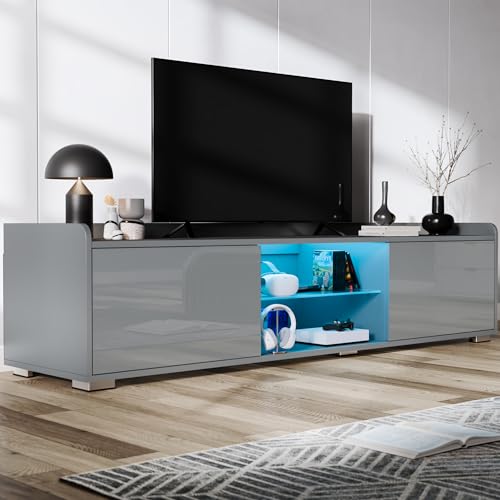 Blisswood Large TV Unit – 160 Cm High Gloss LED TV Cabinet with 20-Colour RGB Lights, Glass Shelf, Cupboards & Storage, Stylish Tv Cabinet for Living Room Furniture, Suitable for 55–65” TVs (Grey)
