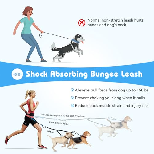 Nobleza Joggingleine für 2 Hunde mit Bauchgurt, Freihändig Laufleine für Hunde, Reflektierend Elastisch Laufleine zum Joggen Laufen Wandern