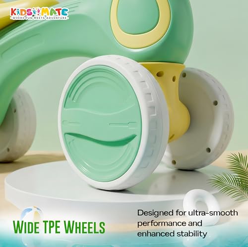 Image of Kidsmate Tiny Glide Baby Push Ride On Toy with Rear Storage Basket | 4-Wheel Stable Design for Balance, Coordination & Active Growth | Perfect Toddler Mini Bike for 1-4 Yrs - Green Yellow