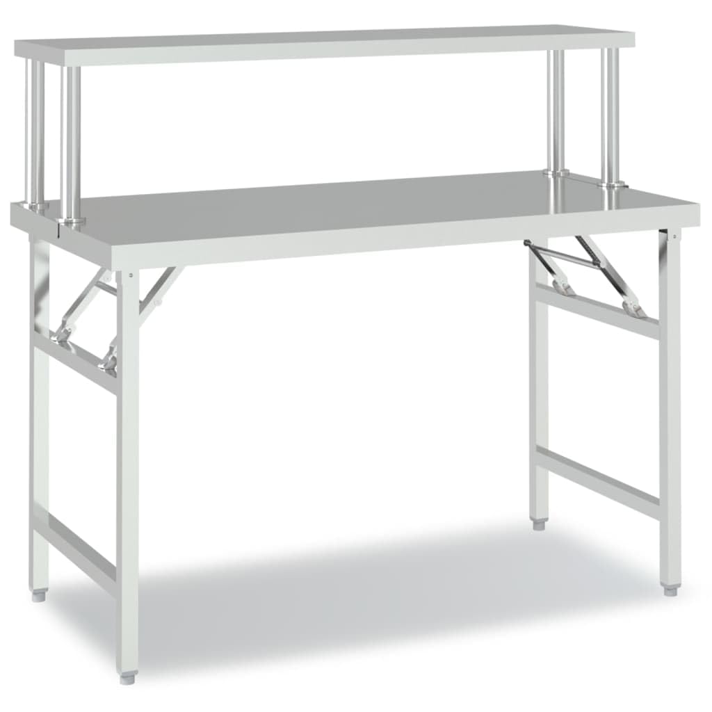 Mesa de trabajo plegable de acero inoxidable con estante 120 x 60 x 115 cm