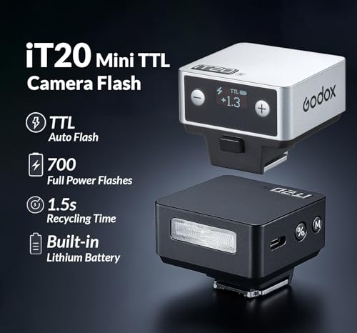 Image of Godox IT20 S IT20S Flash for Sony,GODOX iT20S IT20 S Mini Camera Flash | TTL /Manual Modes,7.4V 300mAh Battery,1.5s Recycle,with ±⅓ Increment,Hot Shoe Triggering,Includes Spreader /Color Filter (Black