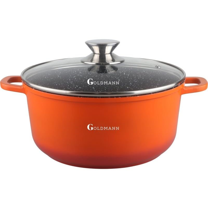GOLDMANN Premium Gussaluminium Kochtopf 28 CM (6.5L) – Keramik-Marmor Antihaft-Kasserolle mit Glasdeckel, geeignet für alle Herdarten inklusive Induktion, PFOA-frei & spülmaschinengeeignet