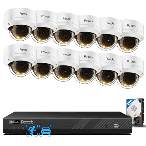 PANOOB 16 Channel Security Camera System, 12x 8MP IK10 Vandal Proof Dome Camera Outdoor, Human Vehicle Detection, Color Night Vision, 2 Way Audio 24-7 Recording, 4K 16CH NVR 4TB HDD, PD54Y1216-8M