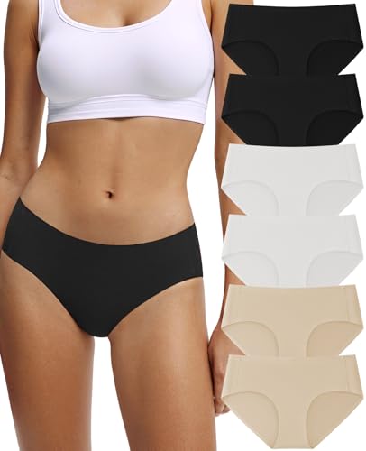 Image of Seamless Cotton Underwear for Women No Show Bikini Panties 6 Pack | Full Coverage Sexy Hipsters, Soft Comfort Fabric, Stay Put Fit, Invisible Under Clothing, All Day Wear, Work Travel Home