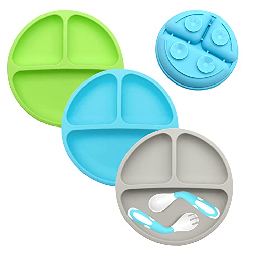 Image of ANTUREBAY Suction Plates for Babies, 100% SiliconeToddler plates,Divided Baby Plates, Dishwasher & Microwave Friendly,Food Grade Silicone Kids Plates with Spoon Fork. (Blue,Green,Gray)