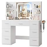 LIVELYGLOW White Large Makeup Vanity Desk with Smart LED Mirror & Power Station, 43' Professional Dressing Table with 7 Drawers, 4 Open Shelves & Hairdryer Holder for Bedroom