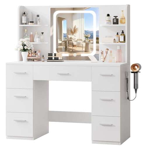 LIVELYGLOW White Large Makeup Vanity Desk with Smart LED Mirror & Power Station, 43' Professional...