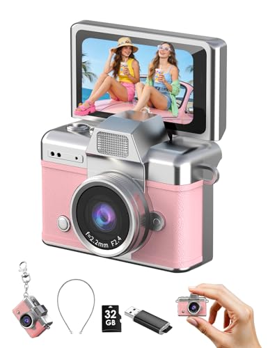 Image of Mini Keychain Camera, 1080P Portable Digital Camera with 1.47 inch Flip LCD & Flash, Retro Collectible Pocket Camera for Travel, Parties, Birthday(Pink32GB)