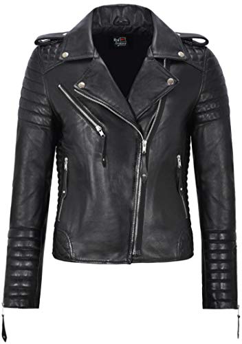 Carrie CH Hoxton Ladies Leather Jacket Classic Fashion Biker Style Real Lambskin Soft Leather Womens Jacket 2260 (10 For Bust 78 CM Black)