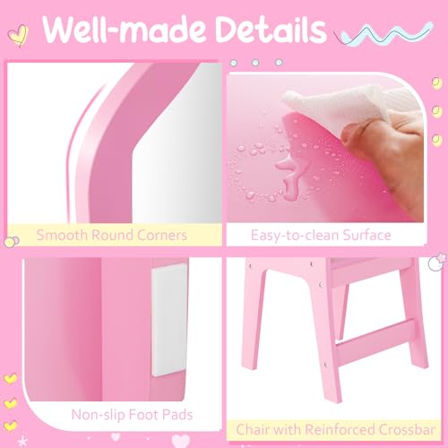 Image of Costzon Kids Vanity, 2 in 1 Princess Makeup Desk & Chair Set with Tri-Folding Mirror, 4 Storage Bins, Wooden Toddler Vanity Dressing Table, Vanity Set for Little Girls (Pink)