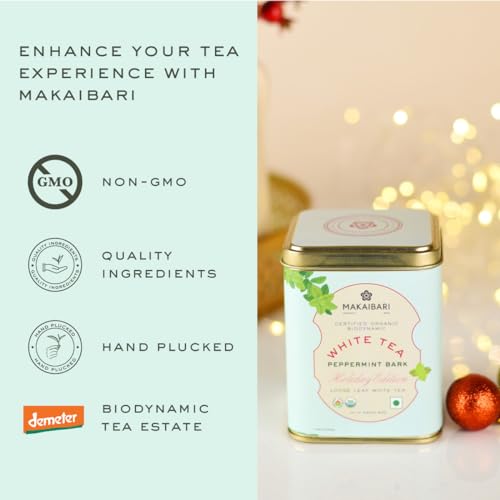 Image of Makaibari Holiday Edition : White Peppermint Bark | Premium White Tea | Anti-Oxidants, Immunity Booster, Low Caffeine | Supports Healthy Skin | Tin Caddy | 50g