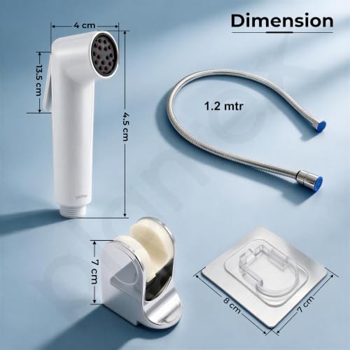 Image of Plantex Health Faucet Set /ABS Jet Spray with 1.2M Stainless Steel Hose Pipe for Toilet /Self Adhesive Hand Shower Holder /No Drilling Wall Mount - (White & Chrome, Combo)