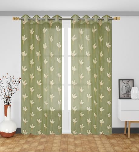 Image of Fabrilia Tissue Net Embroidery Sheer Transparent Curtains for Door 7 feet Long Set of 2, Green