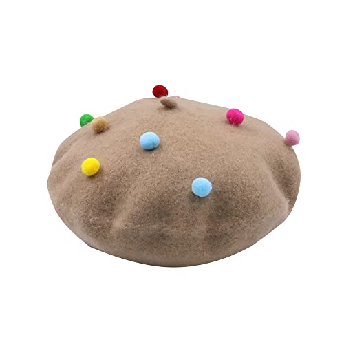 RARITYUS Fashion Cute Wool French Artist Beret Hat Warm Beanie Cap Headwear with Small Rainbow Pom Pom for Women Girls