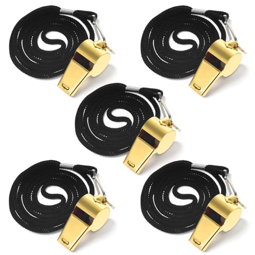LXUEJIE 5 Pcs Stainless Steel Gold Whistle with Lanyard, Loud