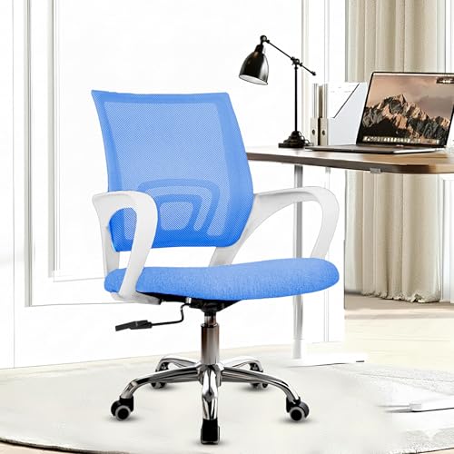 Image of Casa Copenhagen Mesh Mid Back Office /Study /Computer /Revolving /Desk Chair for Work from Home -Metal Base, Height Adjustable Seat- Jet Blue & White Handle