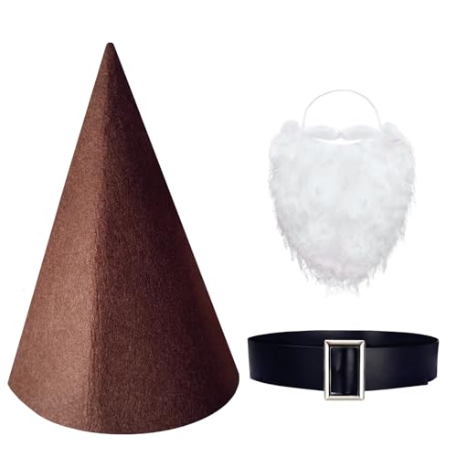 BEBAOVO Gnome Costume Accessory Set Felt Hat with White Beard and Black Belt Easter Halloween Dwarf Costumes Party Dress Up Kit (Brown)