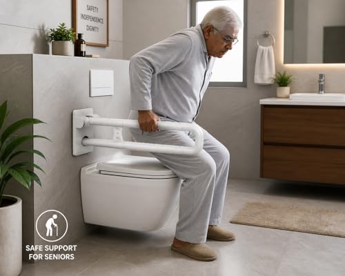 Image of Aquieen Folding Grab Bar for Bathroom & Toilet | Heavy Duty Wall Mounted Handicap Support Rail | Stainless Steel Safety Handle for Elderly, Disabled & Pregnant Women | Anti-Slip Grip | White (8444 H)