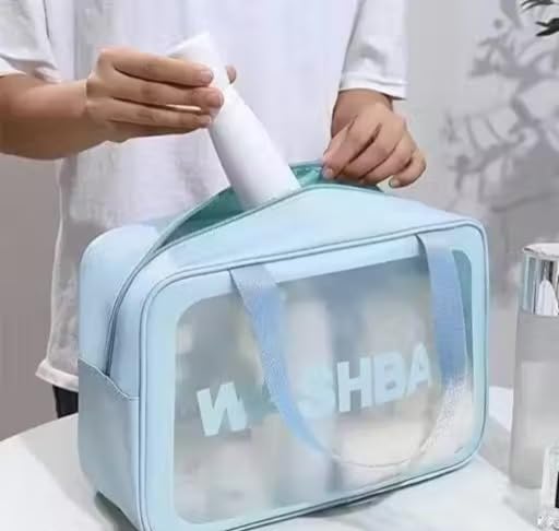 Image of P E Wash Bag Pouch for Travel Kit Toiletry Bag Cosmetic Bag Make Up Box for Brushes,Accessories with Handle,Large Capacity Waterproof Travel Storage OrganizerSet of 3 (Sky Blue) 11