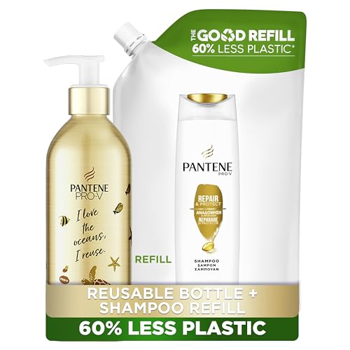Pantene Repair & Protect Silicone-free Refill Set Shampoo, Eco Friendly Gift for Damaged Hair in Reusable Aluminium Shampoo Bottle (430 ml) + a Refill Pouch (480ml), 910 ml