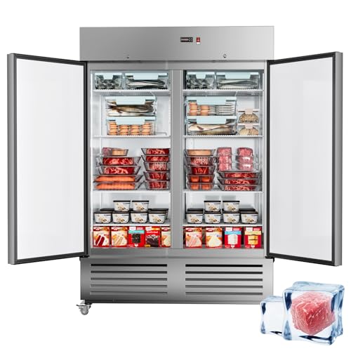54'W 2 Door Commercial Freezer with LED Light, Stainless Steel Fan Cooling 49 Cu.ft Upright Freezer for Restaurant Bar Shop -8℉ ~ -1℉ Reach-in Freezers