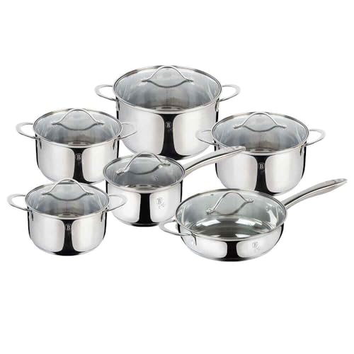 Berlinger Haus 12pc Stainless Steel Cookware Set with Casseroles, Saucepan, Frypan, Glass Lids, 5-Layer Turbo Induction Base, Energy Saving, Oven Dishwasher Safe, Measuring Scale, Stay-Cool Handles