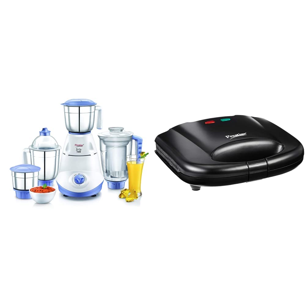 Prestige Iris(750 Watt) Mixer Grinder with 3 Stainless Steel Jar + 1 Juicer Jar, White and Blue + Prestige PGMFB 800 Watt Grill Sandwich Toaster with Fixed Grill Plates, Black