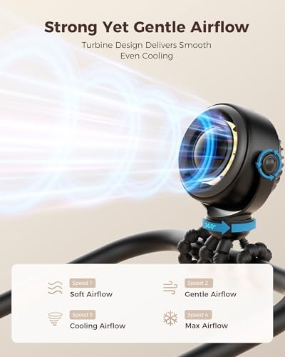 SWEETFULL Baby Stroller Fan - 4000mAh Rechargeable 4-Speed Quiet with LED Display & Night Light, Mini Portable 360° Clip On Safe Fan for Car Seat, Crib, Travel - Black - 2