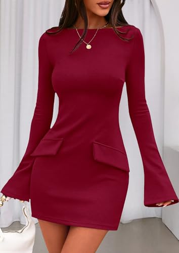 Image of PRETTYGARDEN Womens Fall Long Sleeve Mini Dress 2025 Trendy Boat Neck Bodycon Knit Elegant Short Party Formal Dresses