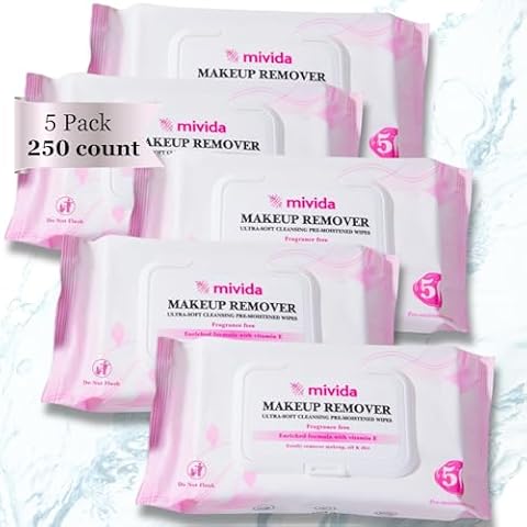 mivida Hypoallergenic Makeup Remover Wipes with Vitamin E 5x50 count Total 250 bulk makeup removing wipes | Fragrance Free Makeup Wipes | Alcohol Free Cover