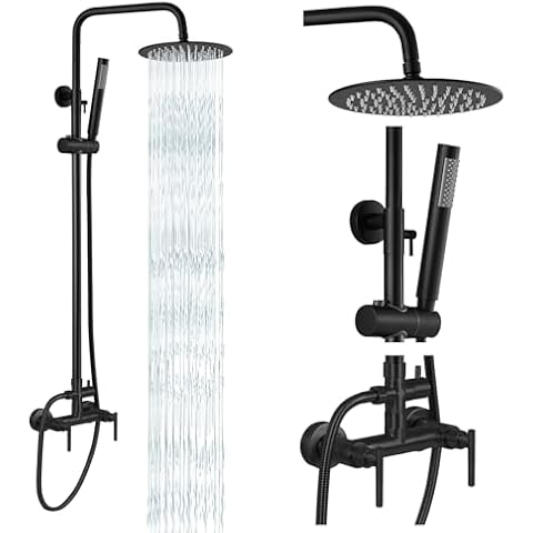 gotonovo Matte Black Outdoor Shower Fixtures System Combo Set Rainfall Double Lever Handle High Pressure Hand Spray Wall Mount 2 Dual Function SUS304 Cover