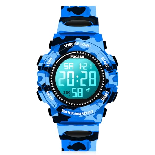 Facasu Camouflage-Sportuhr für Jungen, 50 m wasserdicht, für Kinder, Teenager, Jungen, Digitaluhr mit Alarm und Schlummerfunktion, Stoppuhr, Militär-Design, Silikonband, Geschenk für Geburtstage