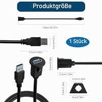 CJMUQHEHH 1m USB Buchse Einbau, USB Einbaubuchse 3.3' USB 3.0 Verlängerungskabel, 10Gbps 5V/2A Aufladen, US B Buchse Einbau für Bündige Montage im Auto/Boot/RV/Motorrad, Panel Flush Mount Adapter – Ansicht 2