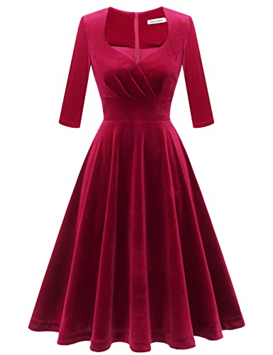Womens Red Long Sleeve Velvet Dress Plus Size Winter Vintage Cocktail Formal Party Midi Dress V-Dark Red 3Xl #TOP1