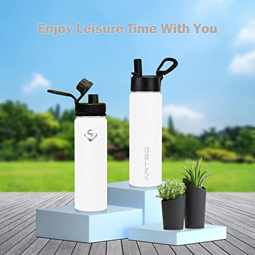 Artso 24Oz Stainless Steel Insulated Water Bottle With Straw & Two Lids,Double Walled Vacuum Insulated Leak Proof Hot Cold Water Bottles, White #TOP5