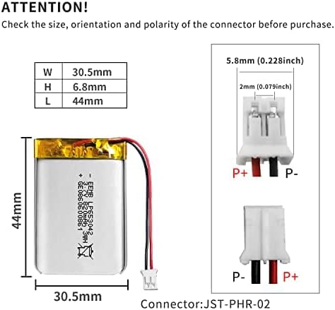 EEMB 3.7V 820mAh 653042 Lipo Battery Rechargeable Lithium Polymer ion Battery Pack with JST Connector UN38.3 (1) Make Sure Device Polarity Matches with Battery Before Purchase!
