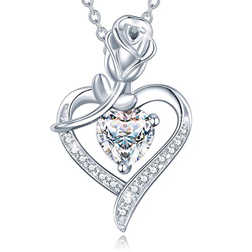 Agvana Fine Jewelry April Birthstone Necklaces for Women Sterling Silver Simulated Diamond CZ Rose Flower Heart Pendant Necklace Promise Anniversary Birthday Gifts for Girls Wife Her Mom Grandma