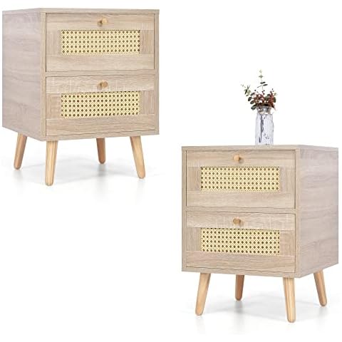 Merax Nachttisch 2er Set, mit 2 Schubladen, Nachtschrank Beistelltisch, Landhausstil Cover
